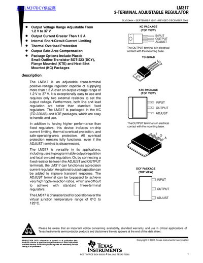 Texas Instruments LM317 3-Terminal Adjustable Regulator Datasheet