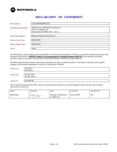 MOTOROLA LV/015/09/H520H525/D Data Sheet - cover page