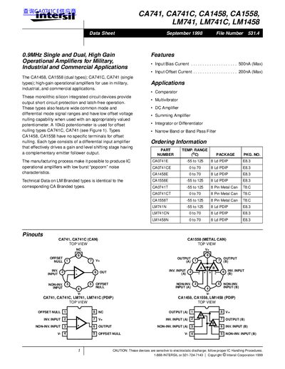 intersil CA741 CA741C CA1458 CA1558 LM741 LM741C LM1458 handbook - cover page