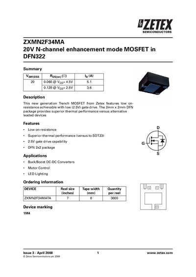 ZETEX ZXMN2F34MA 20V N-channel enhancement mode MOSFET in DFN322 Manual - cover page