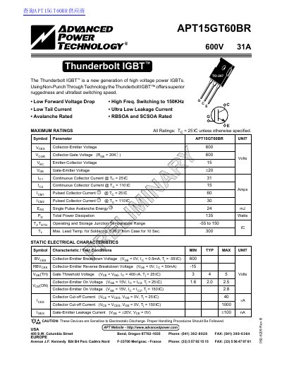 Advanced Power Technology APT15GT60BR Thunderbolt IGBT Datasheet - cover page