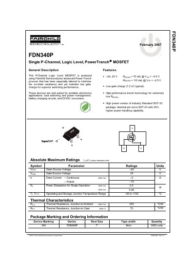 Fairchild FDN340P Single P-Channel MOSFET Datasheet