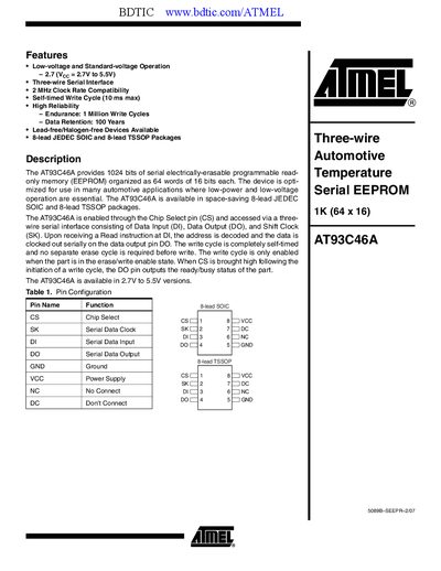 Atmel AT93C46A Serial EEPROM Datasheet - cover page