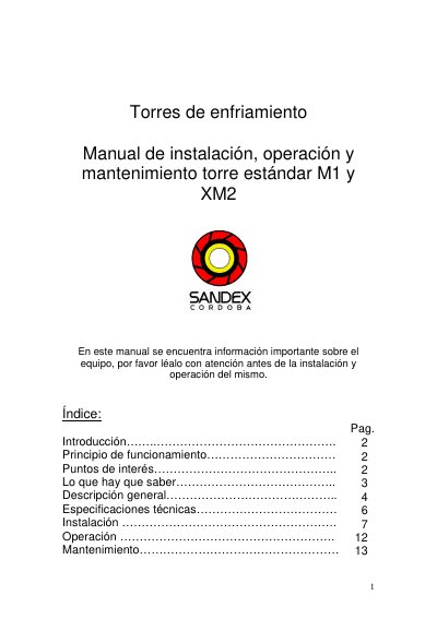 SANDEX M1 and XM2 Cooling Towers Installation, Operation and Maintenance Manual - cover page
