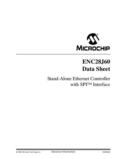 Microchip ENC28J60 Ethernet Controller Data Sheet - cover page