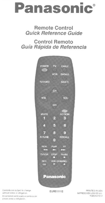 Panasonic EUR511112 Universal Remote Control Quick Reference Guide - cover page