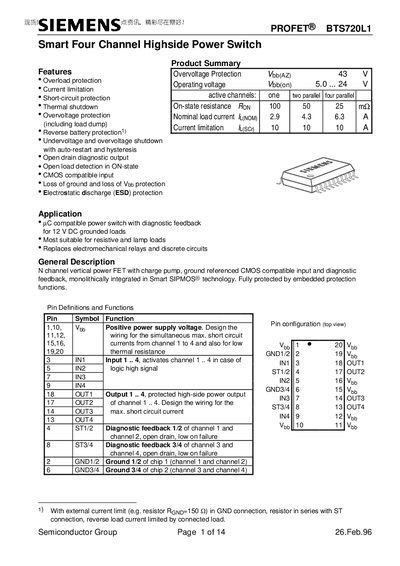Siemens BTS720L1 Smart Four‑Channel Highside Power Switch Datasheet