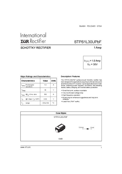 International Rectifier STPS1L30UPbF Schottky Rectifier Datasheet - cover page
