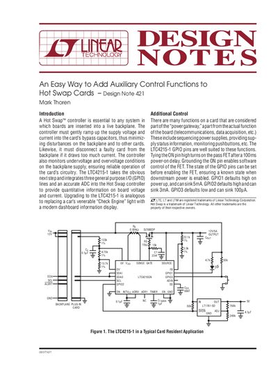 Linear Technology dn421f Hot Swap Auxiliary Control Design Note - cover page