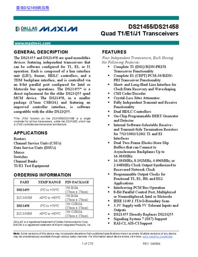Maxim DS21455/DS21458 Quad T1/E1/J1 Transceivers Datasheet - cover page