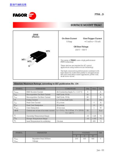 Fagor FTO8...D Series Surface Mount Triac Datasheet - cover page
