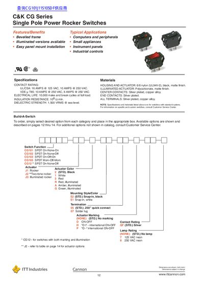 C&K CG Series Single Pole Power Rocker Switches Product Leaflet - cover page