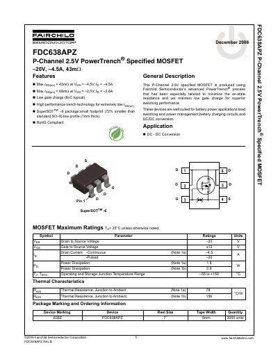 Fairchild Semiconductor FDC638APZ P-Channel MOSFET Datasheet - cover page