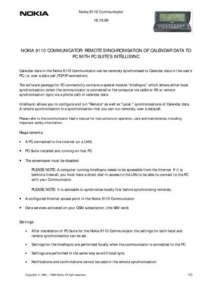 Nokia 9110 Communicator Remote Calendar Synchronisation User Manual - cover page