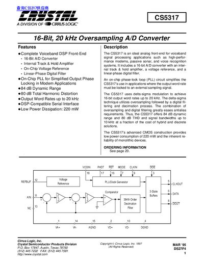 Cirrus Logic CS5317 16-Bit Oversampling A/D Converter Datasheet - cover page