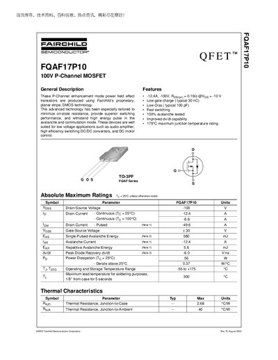 Fairchild FQAF17P10 P-Channel MOSFET Datasheet