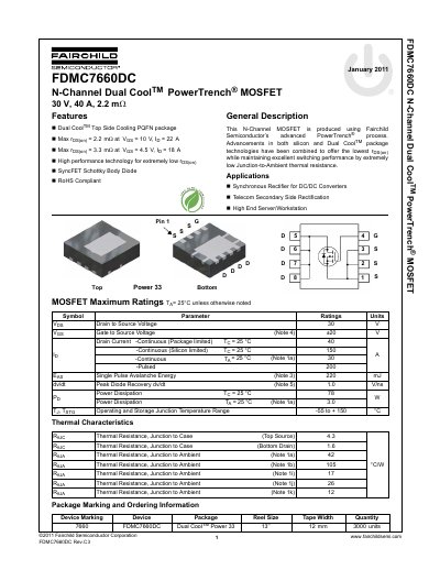 Fairchild Semiconductor FDMC7660DC N-Channel Dual Cool PowerTrench MOSFET Datasheet - cover page