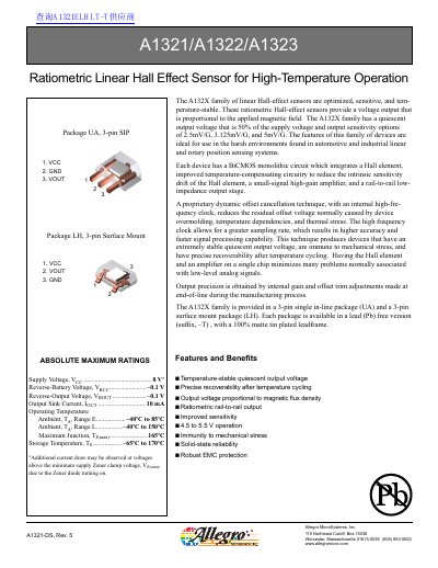 Allegro MicroSystems A1321/A1322/A1323 Ratiometric Linear Hall Effect Sensor Datasheet - cover page