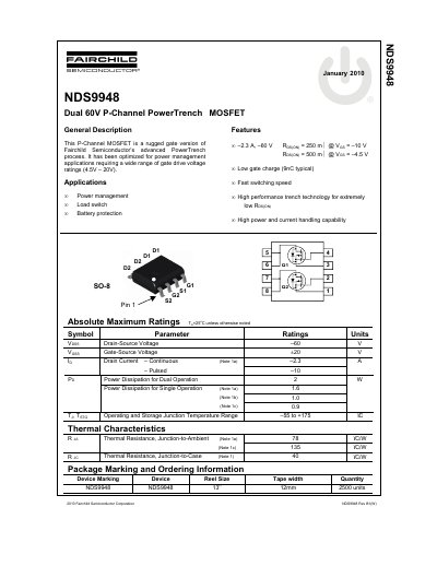 Fairchild NDS9948 Dual P-Channel MOSFET Datasheet - cover page