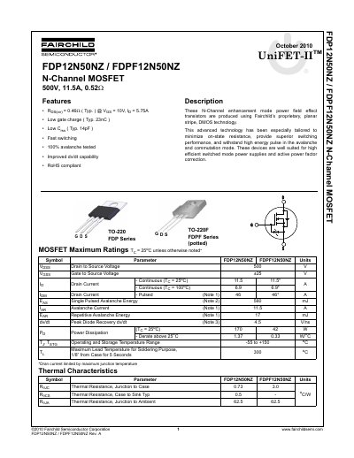 Fairchild FDP12N50NZ / FDPF12N50NZ N-Channel MOSFET Datasheet - cover page