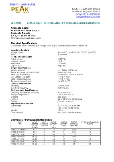 PEAK MP SERIES P8TG-XXXXE4:1 1.5 kV Isolated 1.5 W Regulated Single Output DIP24 Datasheet - cover page