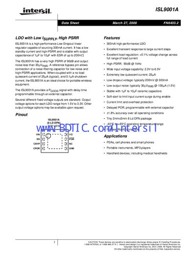 Intersil ISL9001A Low Dropout Regulator Datasheet - cover page