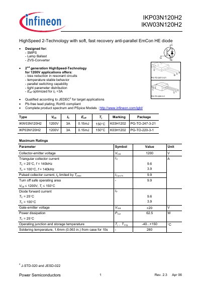 Infineon IKP03N120H2 Power Semiconductor Datasheet - cover page