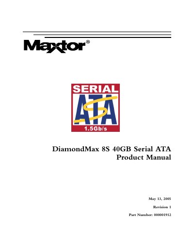 Maxtor DiamondMax 8S 40GB Serial ATA Product Manual - cover page