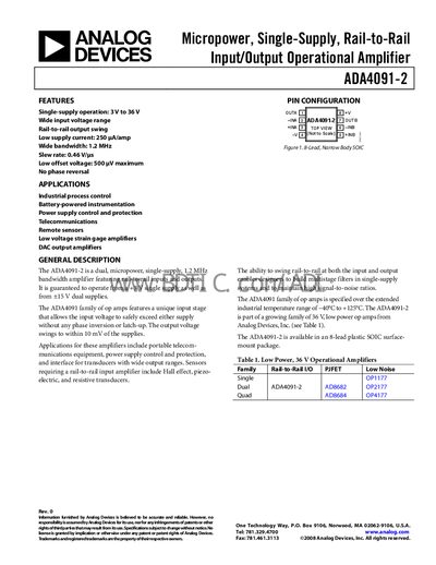 Analog Devices ADA4091-2 Datasheet - cover page