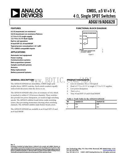 Analog Devices ADG619/ADG620 Datasheet - cover page