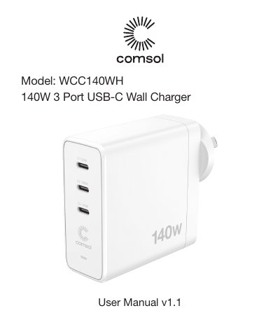 Comsol WCC140WH 140W 3 Port USB-C Wall Charger User Manual - cover page
