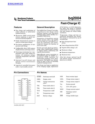 Texas Instruments bq2004 Fast-Charge IC Datasheet - cover page