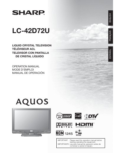 Sharp LC-42D72U Liquid Crystal Television Operation Manual - cover page