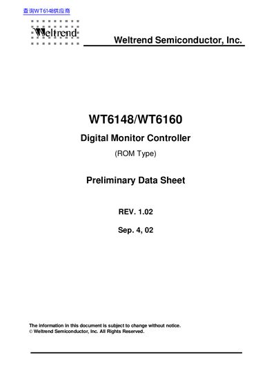 Weltrend WT6148/WT6160 Digital Monitor Controller Preliminary Data Sheet - cover page