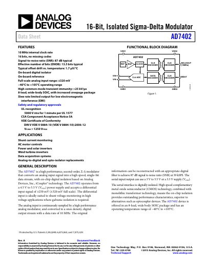 Analog Devices AD7402 16-Bit Sigma-Delta Modulator Data Sheet - cover page