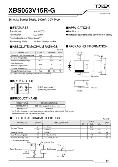 Torex XBS053V15R-G Schottky Barrier Diode Datasheet - cover page