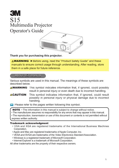 Sony S15 Multimedia Projector Operator's Guide - cover page