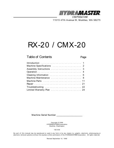HydraMaster RX-20/CMX-20 Carpet Cleaning Machine User Manual - cover page