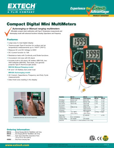 Extech MN15A MN16A MiniTec MultiMeter Product Leaflet - cover page