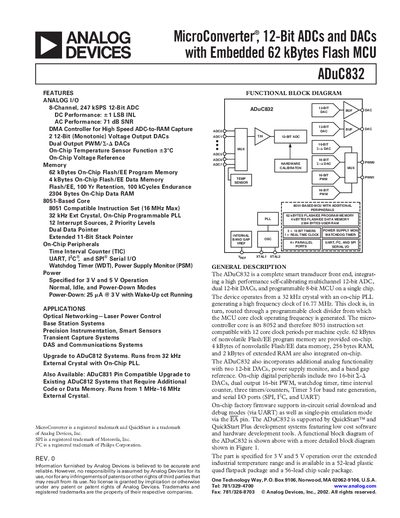 ANALOG DEVICES ADuC832 MicroConverter 12-Bit ADCs DACs with Embedded 62 kBytes Flash MCU datasheet  - cover page