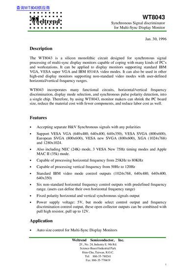 Weltrend WT8043 Synchronous Signal Discriminator Datasheet - cover page