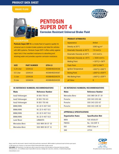 Pentosin Super DOT 4 Brake Fluid Product Data Sheet - cover page