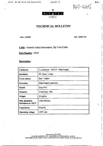 Alcatel 4618 General Audio Interconnect Cable Technical Bulletin - cover page
