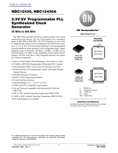ON Semiconductor NBC12430/NBC12430A 3.3V/5V Programmable PLL Synthesized Clock Generator Datasheet - cover page
