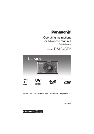 Panasonic DMC-GF2 Digital Camera Operating Instructions - cover page