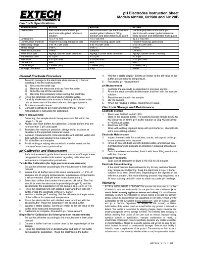 Extech Models 601100/601500/60120B pH Electrodes Instruction Sheet