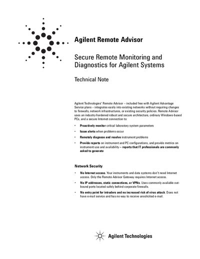 Agilent Remote Advisor Secure Remote Monitoring and Diagnostics Technical Note - cover page