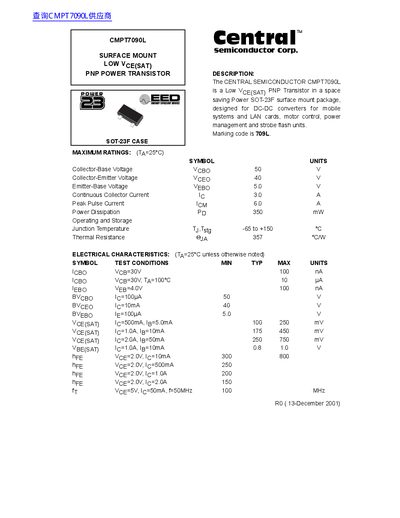 Central Semiconductor CMPT7090L Low VCE(SAT) PNP Power Transistor Datasheet - cover page