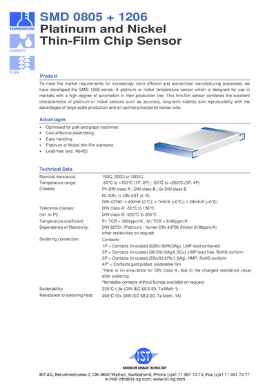 IST SMD 0805 + 1206 Platinum Nickel Thin-Film Chip Sensor Datasheet - cover page