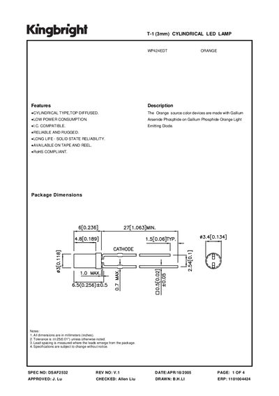 KINGBRIGHT - WP424EDT ORANGE T-1 (3mm) CYLINDRICAL LED LAMPManual - cover page